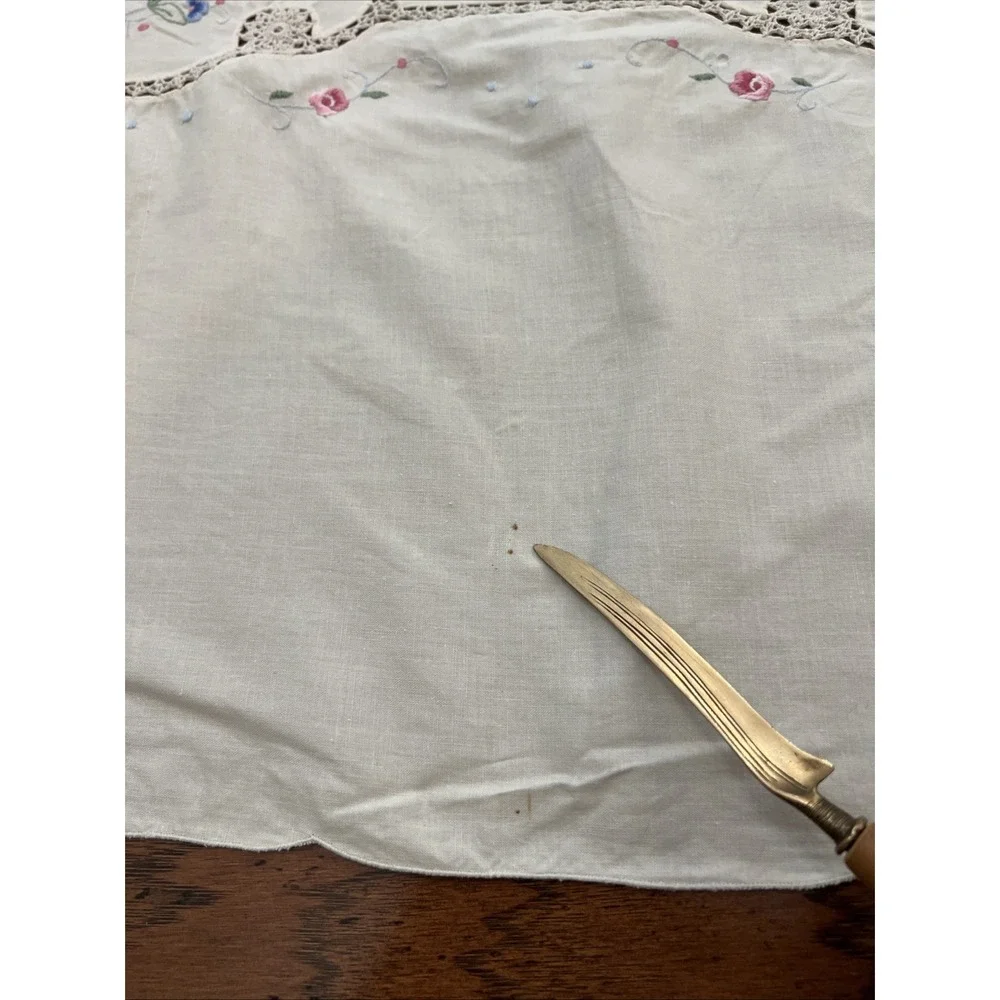 Vintage Hand Embroidered Floral Cottage Core Cotton Tablecloth 42x40 Square Ecru